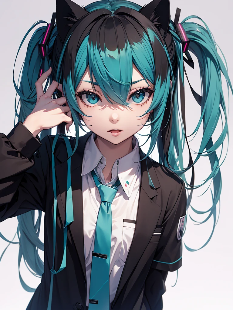 hatsune miku, emo, goth, black hair, school wear, showing the tongue, cat ears, wearing a collar