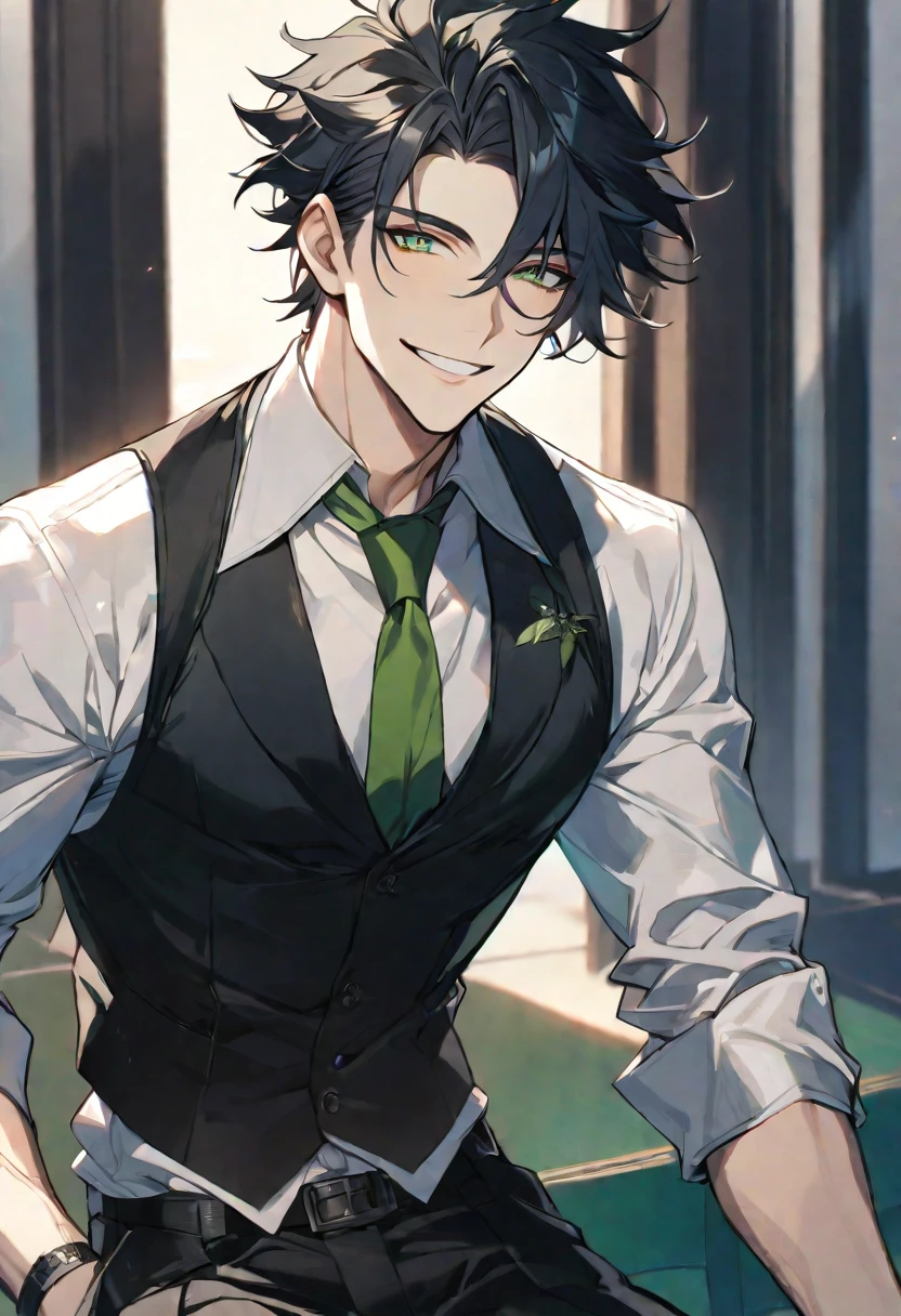 Solo, 1 male, handsome, black hair, green eyes, white shirt, green tie, black vest, black pant, smile facial