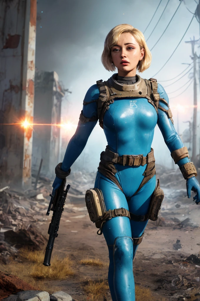 Ella Purnell, "Lucy" Fallout,, post-apocalypse, fog, light particles, (best quality, masterpiece, bokeh, highres), fallout 4, 1girl, blue vaultsuit, VaultGirl, blonde hair, narrowed eyes, short hair, without pipboy3000, leather armored, walking, holding gun, closed mouth, looking to the side, lake, nuka cola, radiation symbol, more grainy
