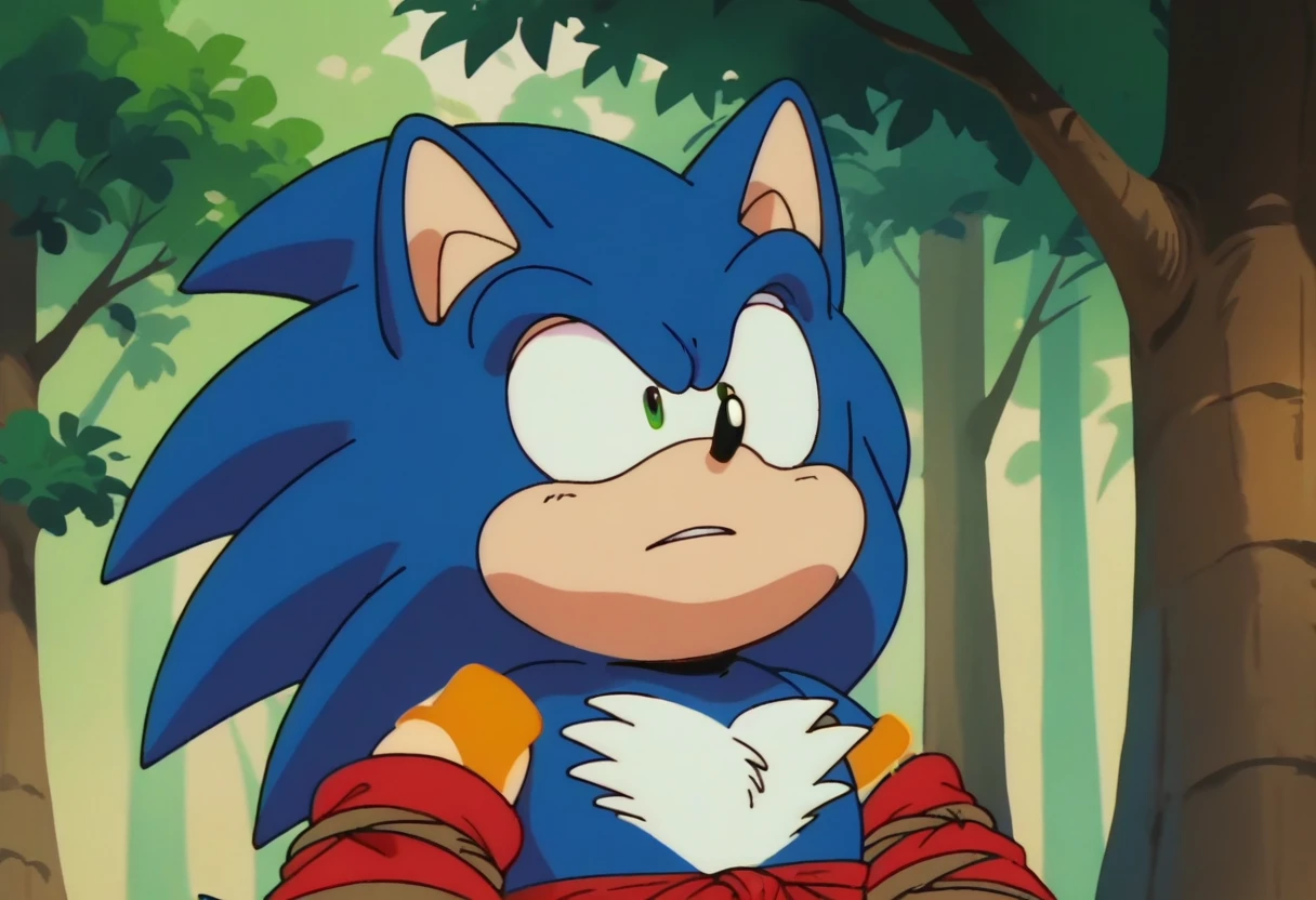 anime screencap,drgbls1, solo, anthro hedgehog,male,score_9, score_8_up, score_7_up, score_6_up, sonic, blue fur, upper body, forest