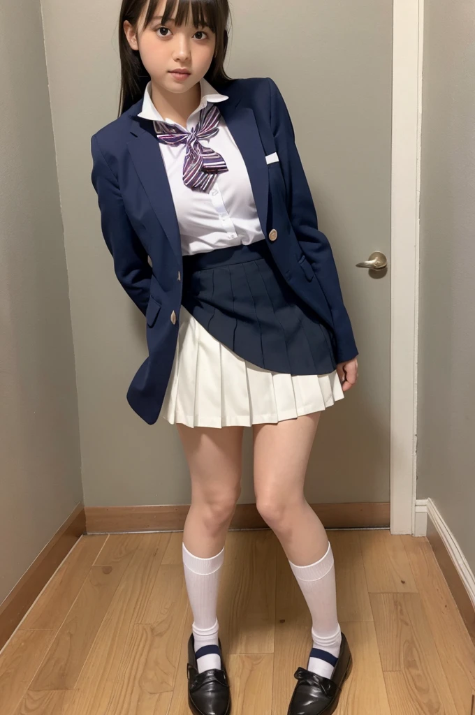 white collared shirt, blazer, bowtie, necktie, pleated skirt, micromini skirt, bobby socks, , white socks, loafers, school shoes,striped panties,(( pantyshot, panties shot)),,skirt up.cowboy shot.spread legs.((full body)).23yo .pee stain