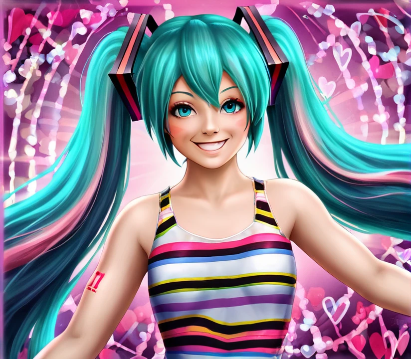 Hatsune Miku, colorful Mexican dress, half body, smiling, detailed face, beautiful eyes, , dynamic pose,,  digital art, by pluma de genio,