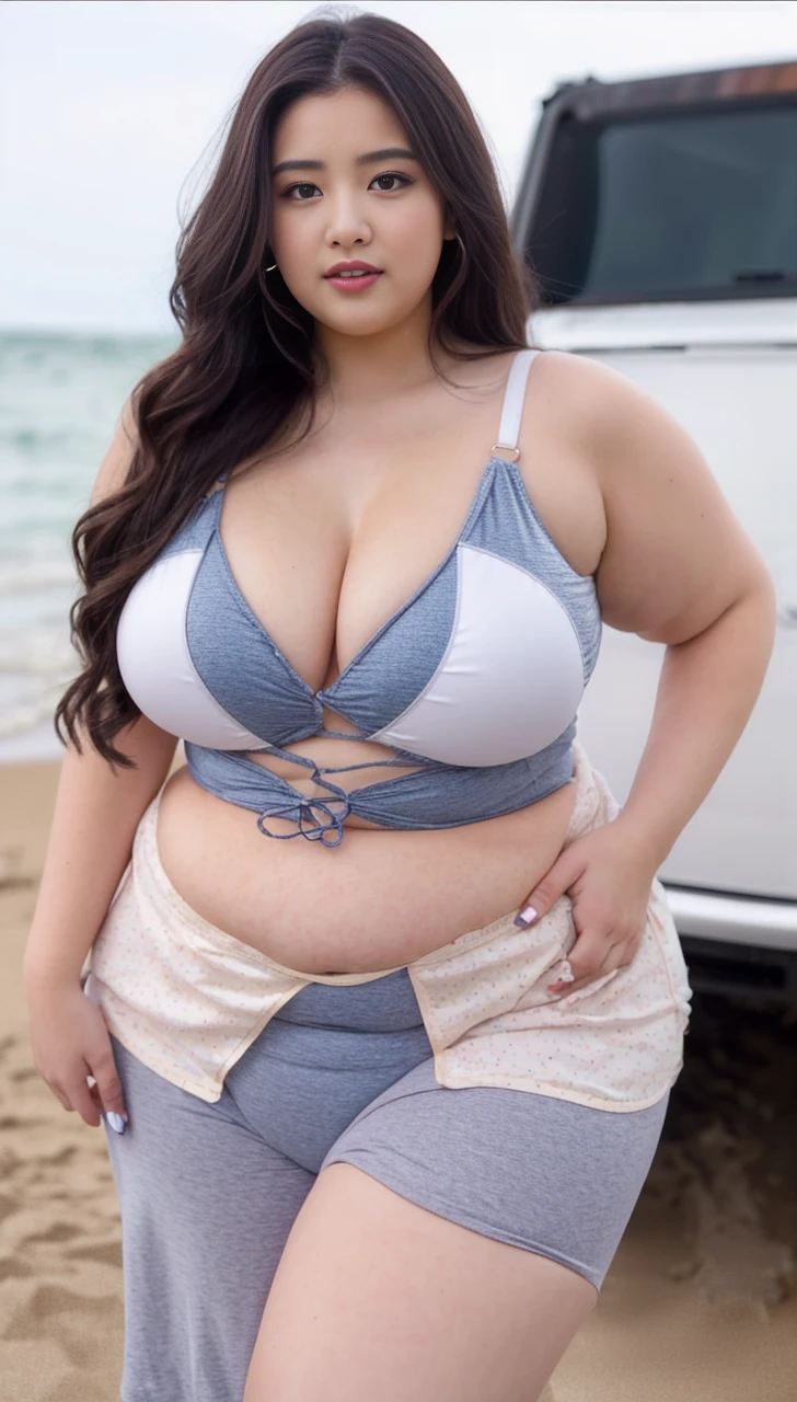 ((best quality)), ((masterpiece)), (detailed), perfect face, araffeTight skirtsShort , thicc, wavy short hair, she has a jiggly fat round belly, bbwchan, wearing tight simple clothes, skinny waist and thick hips, widest hips, her belly is fat and round, soft curvy shape, hyperrealistic full figure, wearing a cute top, wide hips, Blue swimsuit,On the beach by the seaBlue