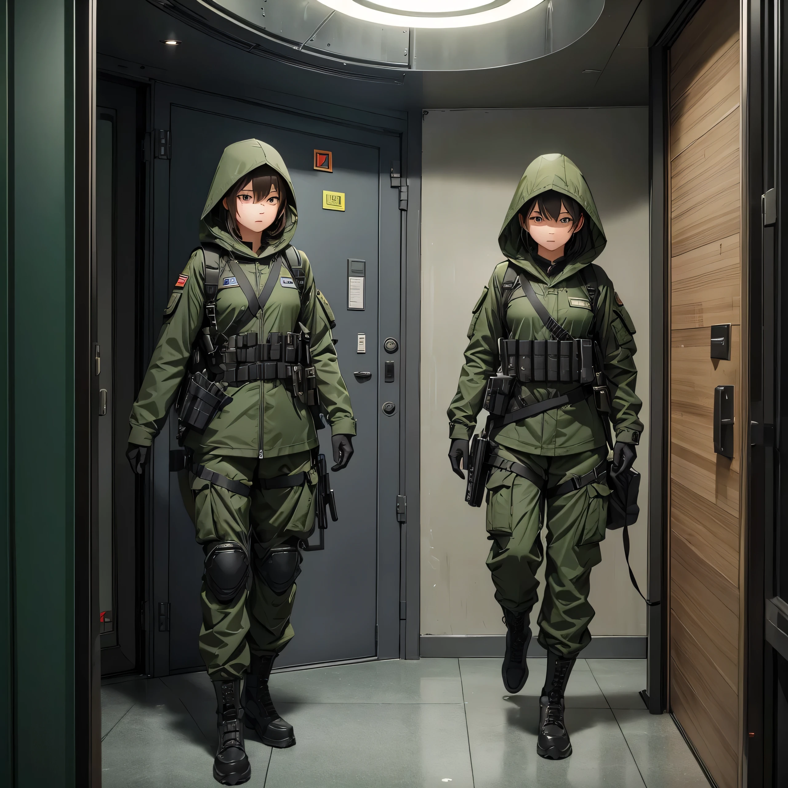 Two female soldiers dressed the same、Dark green M-51 hooded combat uniform,Hooded on head,Tactical harness、Magazine Pouch、Military Pants、Guard at the elevator door、Show only the upper thigh area、Best quality、Very detailed、8K