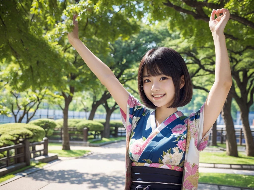 (best quality:1.2), masterpiece, Realistic, Ultra-high resolution, (((1 Japanese woman:1.2))), 17 years old, Bobcut, ((wearing ワンピース:1.2)), arms up, smile, Park during the day