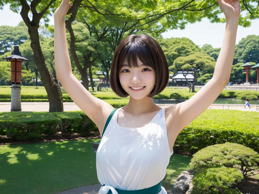 (best quality:1.2), masterpiece, Realistic, Ultra-high resolution, (((1 Japanese woman:1.2))), , Bobcut, ((wearing ワンピース:1.2)), arms up, smile, Park during the day