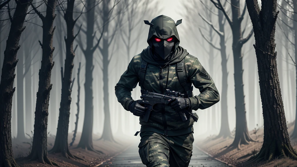 dark evening, TREES, a camouflaged soldier running, masked in black, evil look