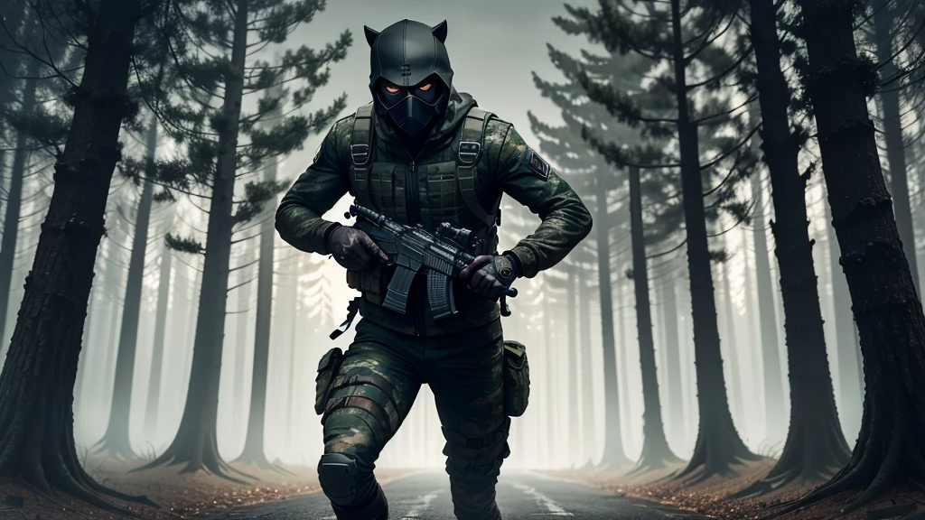 dark evening, TREES, a camouflaged soldier running, masked in black, evil look