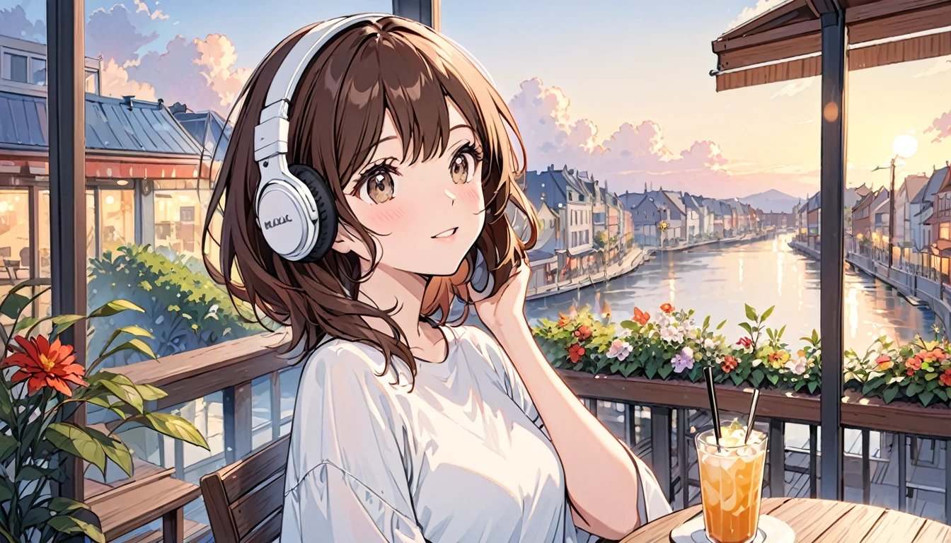 Girl wearing headphones,Enjoy singing along to jazz music on the terrace of a cafe,Brown Hair,relax,Evening background