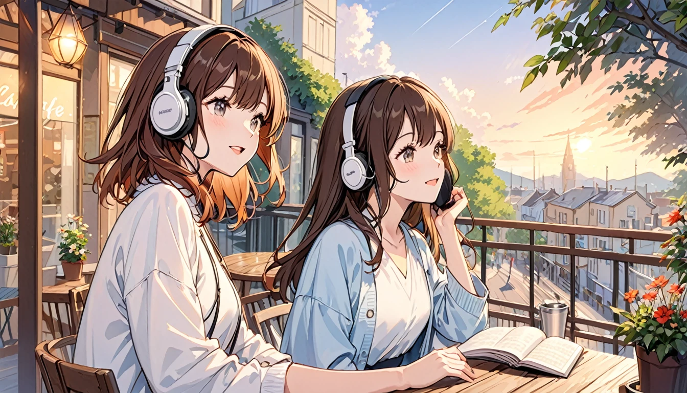 Girl wearing headphones,Enjoy singing along to jazz music on the terrace of a cafe,Brown Hair,relax,Evening background
