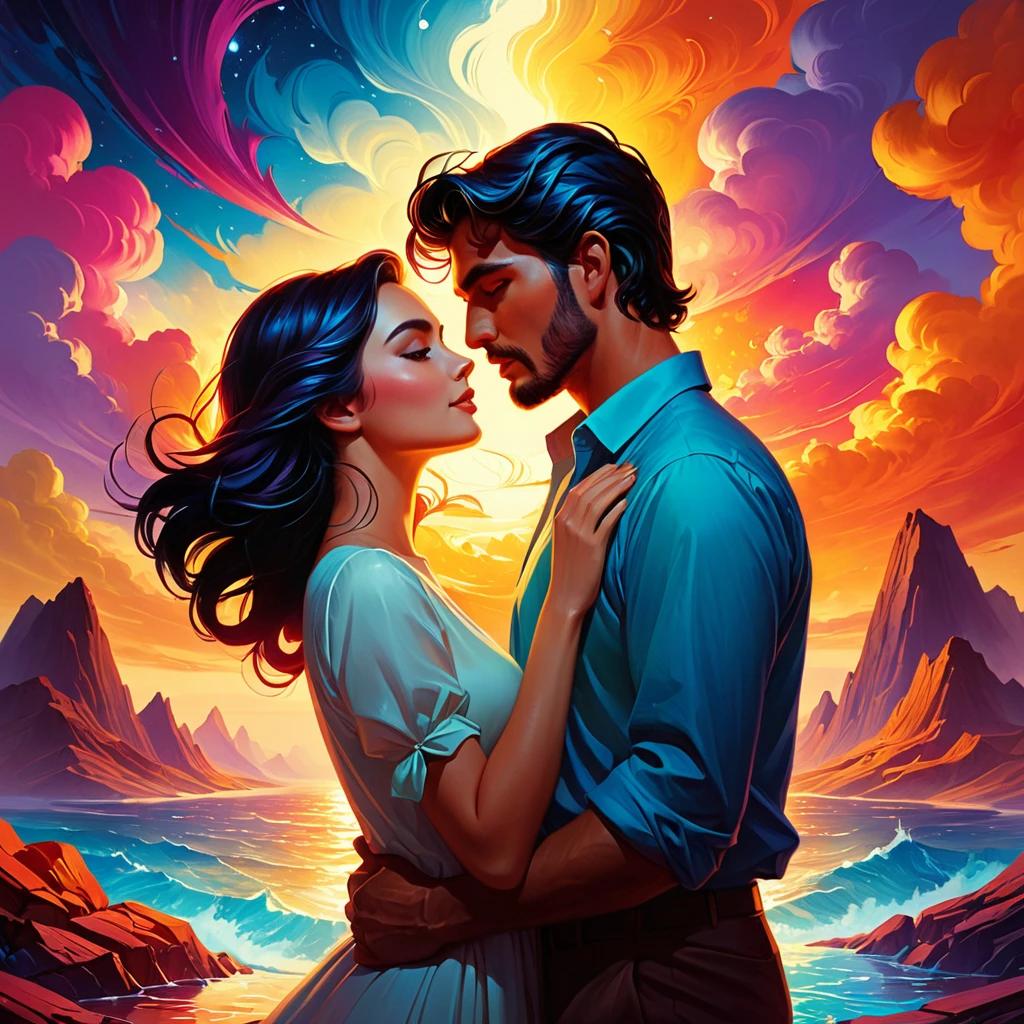 painting of a couple baisering in front of a colorful background, Charlie Bowater et Artgeem, inspiré par Tim et Greg Hildebrandt, par Cyril Rolando, Boris Vallejo et Ilya Kuvshinov, une belle illustration d'œuvre d'art, baiser, juste une blague, vibrant peinture numérique, Crépuscule ; peinture numérique, Edmund Blair et Charlie Bowater, le style de Charlie Bowater