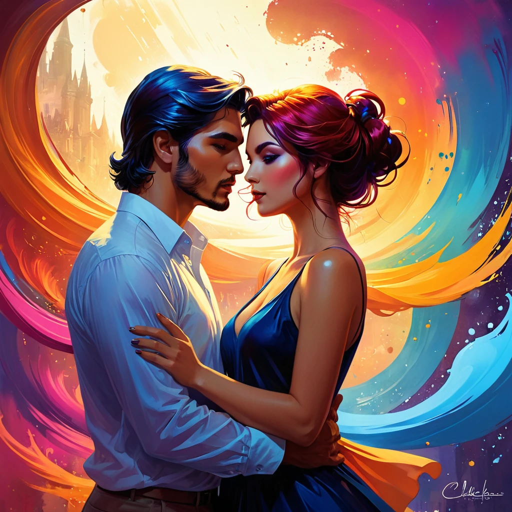 
painting of a couple baisering in front of a colorful background, Charlie Bowater et Artgeem, inspiré par Tim et Greg Hildebrandt, par Cyril Rolando, Boris Vallejo et Ilya Kuvshinov, une belle illustration d&#39;œuvre d&#39;art, baiser, juste une blague, vibrant peinture numérique, Crépuscule ; peinture numérique, Edmund Blair et Charlie Bowater, le style de Charlie Bowater