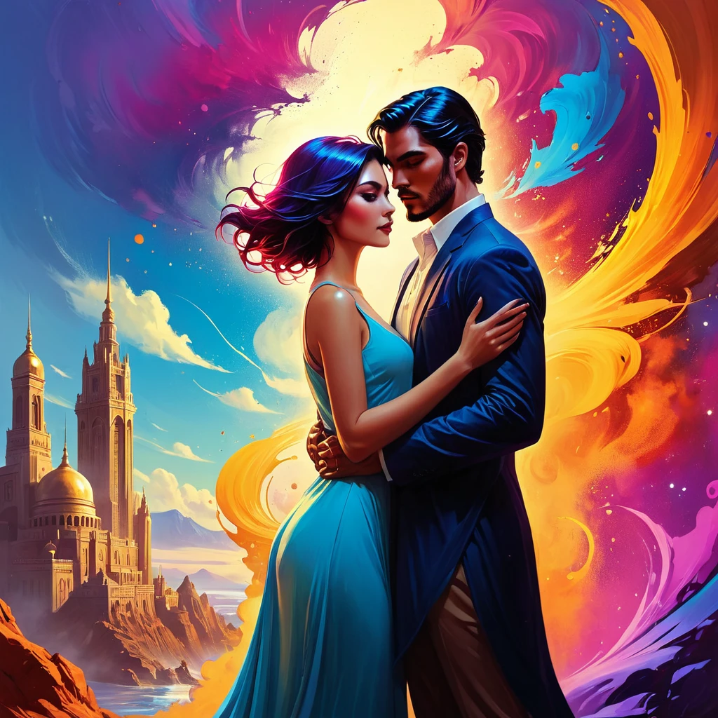 painting of a couple baisering in front of a colorful background, Charlie Bowater et Artgeem, inspiré par Tim et Greg Hildebrandt, par Cyril Rolando, Boris Vallejo et Ilya Kuvshinov, une belle illustration d'œuvre d'art, baiser, juste une blague, vibrant peinture numérique, Crépuscule ; peinture numérique, Edmund Blair et Charlie Bowater, le style de Charlie Bowater