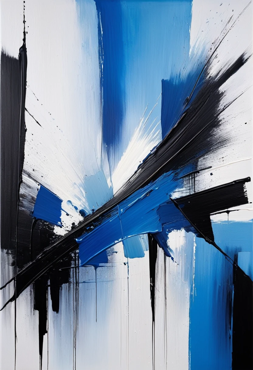 Bright paint painting，Blue on white background、Black oil painting, 现代Minimalism艺术品，Show love for life，Whole piece，Gradient，，( ( Brush Strokes ) ), ( ( Abstract ) ), ( Brush Strokes ), Inspired by Hans Hartung, inspired by：Franz Kline, , lyrical Abstraction, Abstract realism, an Abstract, Abstract Minimalism, Abstract and / or modernism, Brush Strokes oil painting, Minimalism, Blue and black