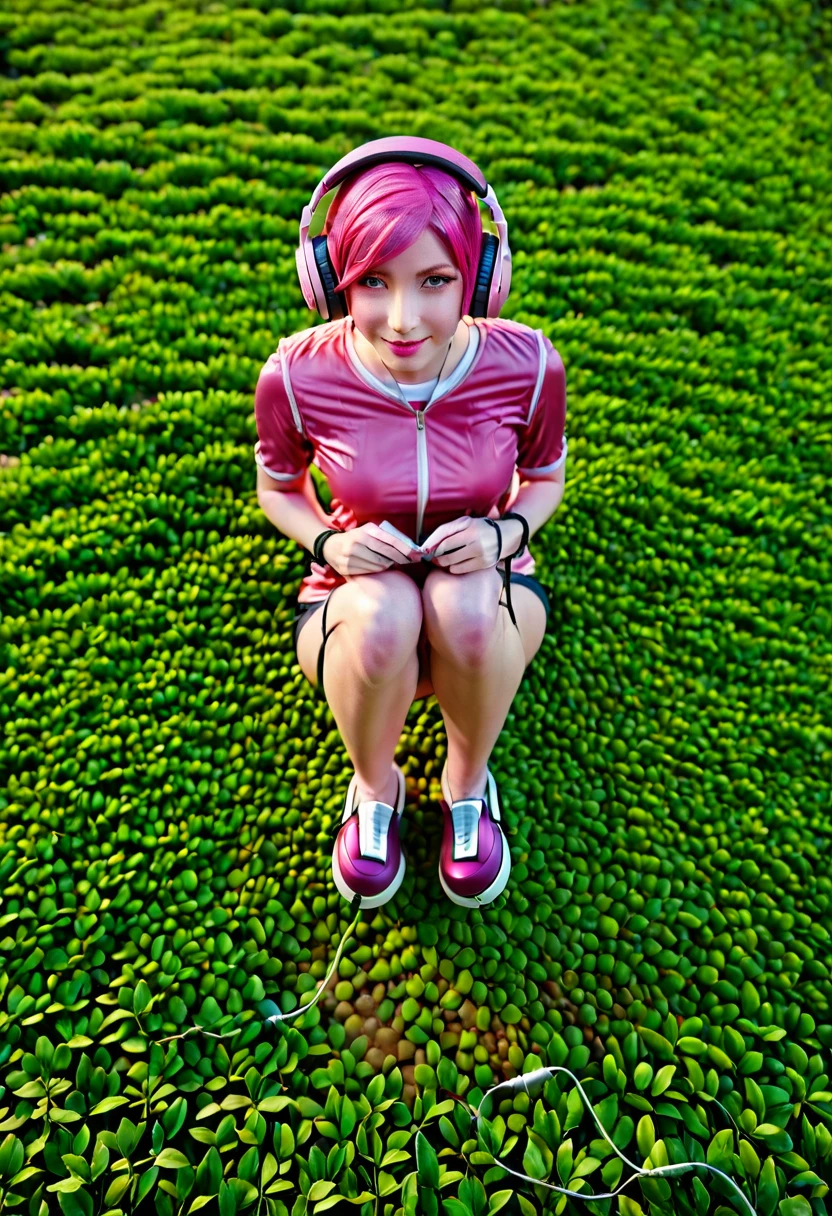 anime - style girl with pink hair and headphones posing for a picture, haruno sakura, sakura haruno, anime girl cosplay, sakura haruno in slug sage mode, anime cosplay, anime girl in real life, photorealistic anime girl render, anime inspired, anime realism style, realistic anime artstyle, anime character, realistic anime 3 d style, anime styled, (highly detailed face:1.4) (smile:0.7) (background inside dark, moody, private study:1.3) POV, by lee jeffries, nikon d850, film stock photograph ,4 kodak portra 400 ,camera f1.6 lens ,rich colors ,hyper realistic ,lifelike texture, dramatic lighting , cinestill 800