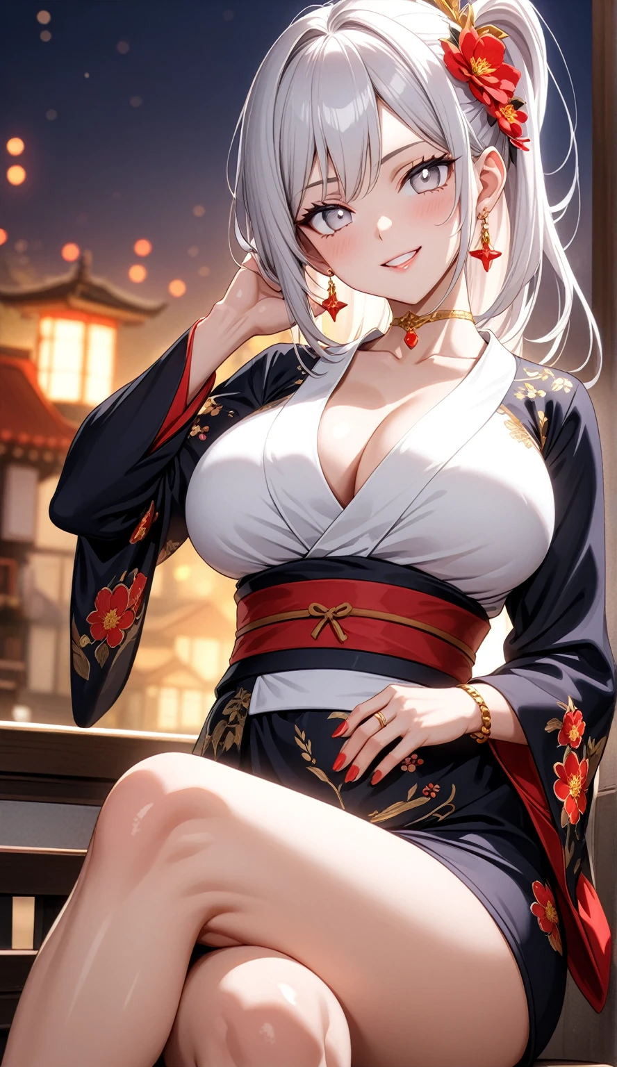 ((One personの女性)), Beautiful Face, (Laughing embarrassedly), (naughty face:1.1),((Wink:1.7)), (head tilt:1.3), teeth,Laugh with your mouth wide open,((Bright red cheeks:1.4)), Glossy red lips, ((crossed legs:1.4)), (panty shot), (Shining Face), Touching hair with hands,looking at viewer, Rooftop terrace, firework,Lighting on the face, ((Anime style background)),masterpiece, Highest quality, so beautiful,up to date, Complex details, (Pink long nails),(ring),(bracelet),(Floral choker),AI-generated, Complex,High resolution, Highest quality, super high quality,3D Images、3D Images,One person,Long white hair,High Ponytail, Anime woman posing for a photo,(blue eyes), ((Fine grain、Silvery white eyes、Shining Eyes:1.4)), (Squint your eyes:1.1),a hyperRealistic , hyperRealistic , Realistic,Anime woman with long white hair, Smooth anime CG art, A woman in a colorful kimono with gold embroidery, (Black long sleeve kimono),Red floral pattern,Long flower hair ornament,Earrings,Mature Body,(Big Breasts:1.1),Tall,Abdominal muscles,Tight waist,(Zoom in on face:1.2), (from below),