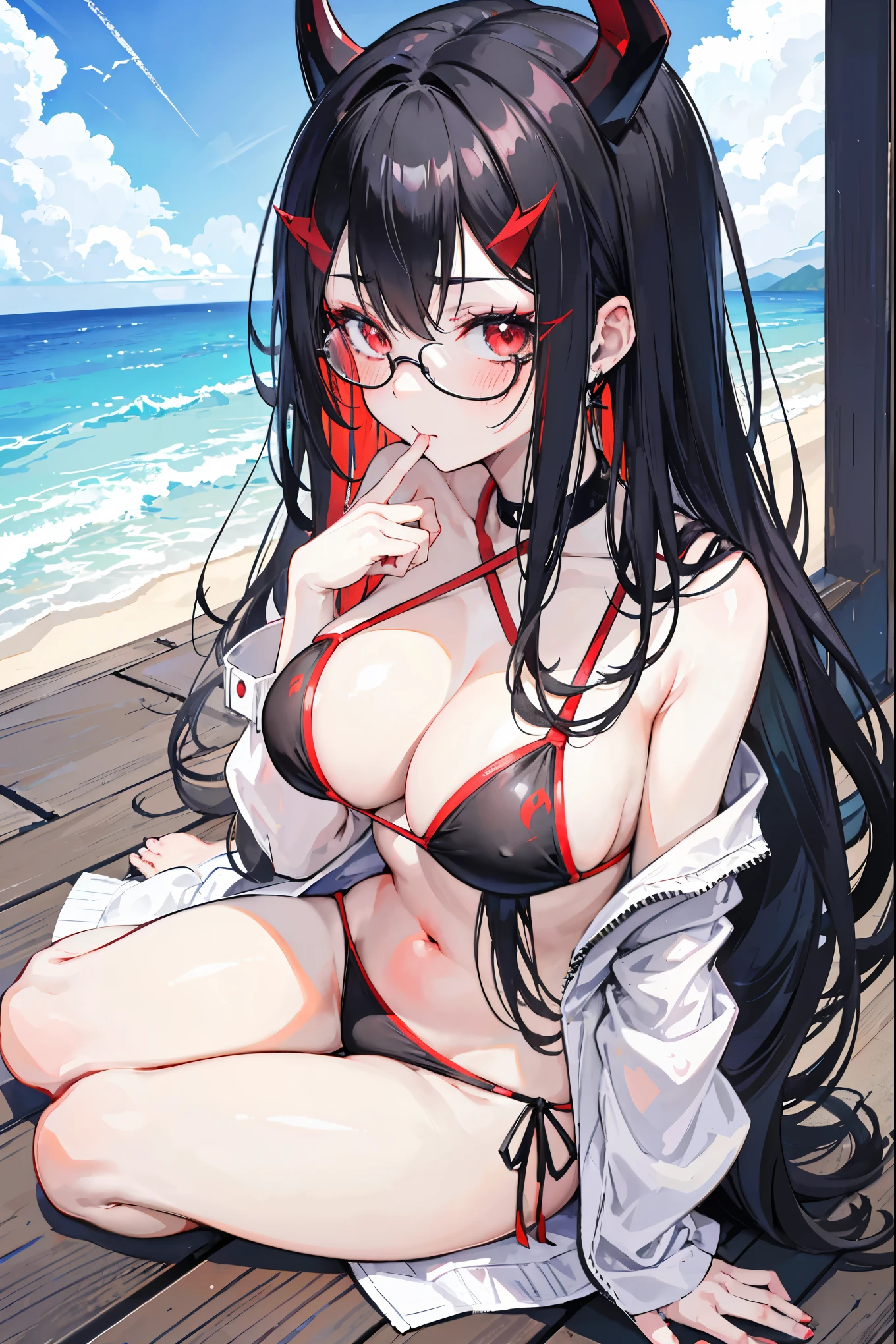 "anime girl, 1 person, black hair, shoulder length hair, red eyes, glasses,((with white horns)), black crow wings behind, female, adult girl, swimsuit, bikini, breasts big, flip flops, blushing, licking lips, close look, tourist beach, (sharp image)"