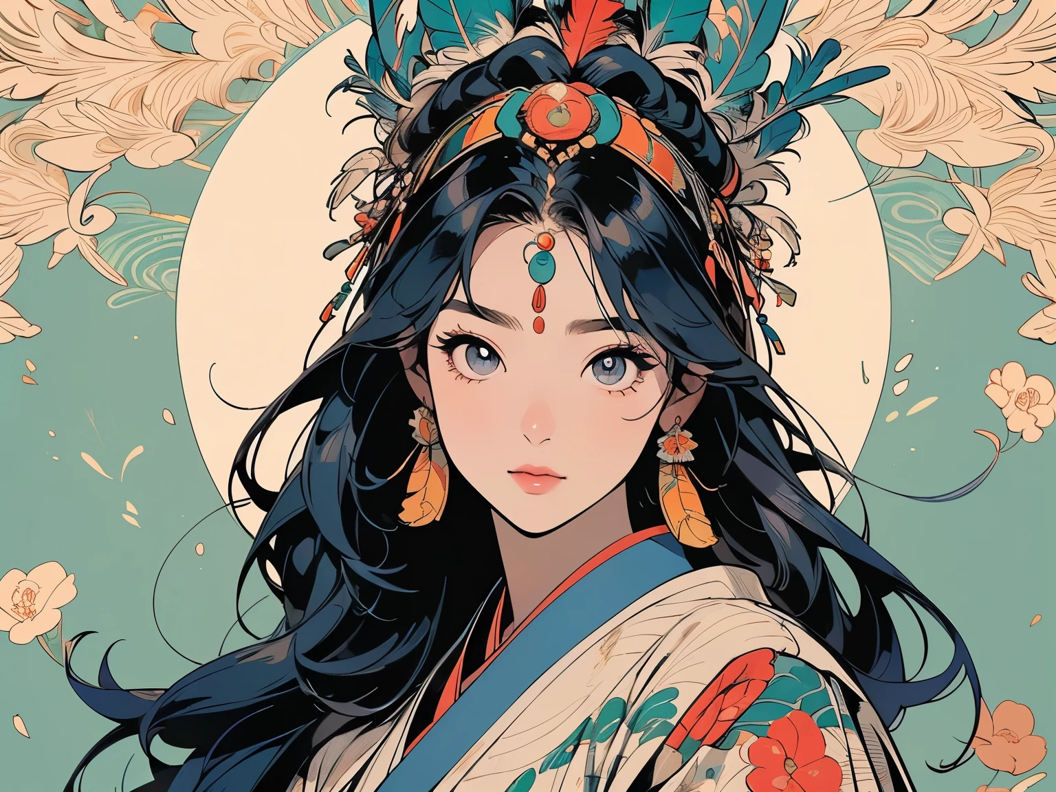 kimono, 完璧なkimono, 詳細なkimono, first-class, Super detailed,  (((Super detailedな装飾))),One Woman, Perfect Face, Faint lighting, (((head shot))), Super detailedな髪、(((Sparkling Eyes))),mysterious, The wind is blowing, Panorama, Long Shot,  (((Beautiful narrow-eyed monster))),(((Indian feather headdress))),Upper Body,Detailed face、Best quality face、(((Large feather ornament))),peacock feathers、(((Japanese pattern background)))