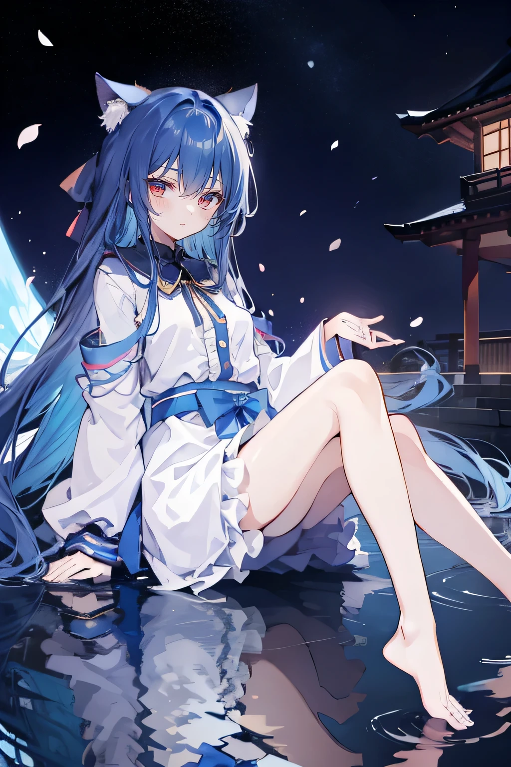 （masterpiece：1.2），Super detailed，lifelike，Expressive eyes，fair skin，perfect face shape，1 girl，
Japanese comics,Gorgeous blue hair,flowing blue hair,flowing clothes,Cat ears,Petals fall,beautiful lola,Baby Angel,
Shaking head with one hand，Cross your legs，Gentle and peaceful background，The pavilion is cool and comfortable,smile, wearing hoodie, background of tokyo,back views,snowing, winter,lie on the water，Lying on the ground。Dark blue gradient hair,asymmetrical hair,（（Hair is very thick 1.8，Chiseled hair 1.6））， Hair over the shoulders, Messy hair, Very long hair, shiny hair，(long dark blue hair:1.2),A beautiful girl，（Transparent clothes transparent 1.8），Perfect body，Big thin legs，slender，(Looks very sad，Looks haggard ，sadness，shut your mouth：1.2） Against the backdrop of an unusually bright dark starry sky，（Put your hands behind your back），（round,Room, Strong breasts），barefoot，float，water surface，（long legs，long legs，long legs，Complete）