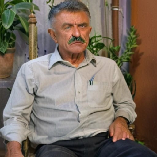 sharpened man sitting on a chair in a room with a plant, with a 50 year old face