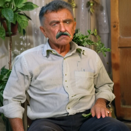 sharpened man sitting on a chair in a room with a plant, with a 50 year old face