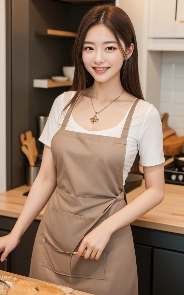 (Highest quality, 8K, masterpiece: 1.3), Beautiful woman with perfect figure: 1.4, Dark brown hair, Wearing a pendant, Wearing an apron, In the kitchen,Wearing underwear, Highly detailed face and skin, Fine grain, double eyelid, Big Breasts, smile