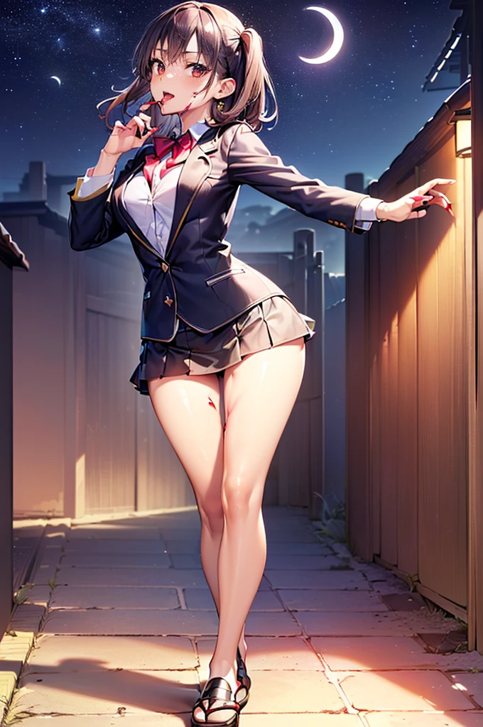 ((((masterpiece, ((best quality)), ultra high res, 8k, perfect anatomy, extremely detailed)))), (((game CG)), (very wide shot: 1.3), ((3D))), (((full body: 1.4))), ((Horror atmosphere:1.3)), (((dark fantasy:1.2))), BREAK
((perfect body: 1.4), ((perfect face: 1.6))), ((perfect hand:1.4)), ((perfect fingers:1.4)), ((perfect leg:1.5)), ((perfect limbs:1.6)))), (((two arms:1.4), (two legs:1.2))),
BREAK
absurdres, ((1 tiny girl: 1.3, ((detailed beautiful face: 1.45)), ((mature female)))), ((kawaii:1.3)), (((Vampire:1.4)), ((fangs:1.3))), ((standing:1.3)), (((Licking the blood from his hands with relish:1.5)), ((hand to own mouth:1.5))), ((detailed shiny dark brown hair, Two Side Up, bangs)), ((red eyes, beautiful detailed droopy eyes, glow eyes)), ((Beautiful sharp Nose:1.3)), ((beautiful lips:1.2)), ((drunk:1.4, light smile:1.4, open mouth:1.4)), ((beautiful body, slender)), (((beautiful medium breasts, narrow waist, big ass)), ((shiny skin:1.3, oily skin:1.4))), BREAK
(((wearing a blazer and school uniform:1.3 and mini skirt:1.3))),
BREAK
(detailed background, (((outdoors, Detailed Japanese back alleys:1.3)))), ((((night sky :1.3, crescent moon:1.3, night view:1.3)))), (((A man is dead body in the alley:1.3))),