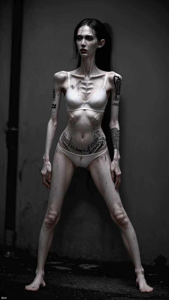 a woman, extremely thin body, visible bones, extremely slender, very pale white skin, sweaty wet body, panties, bra, tattoo, full body, mental breakdown, underground prison, dramatic lighting, cinematic, dark moody, gritty, realistic, masterpiece, 8k, high detail