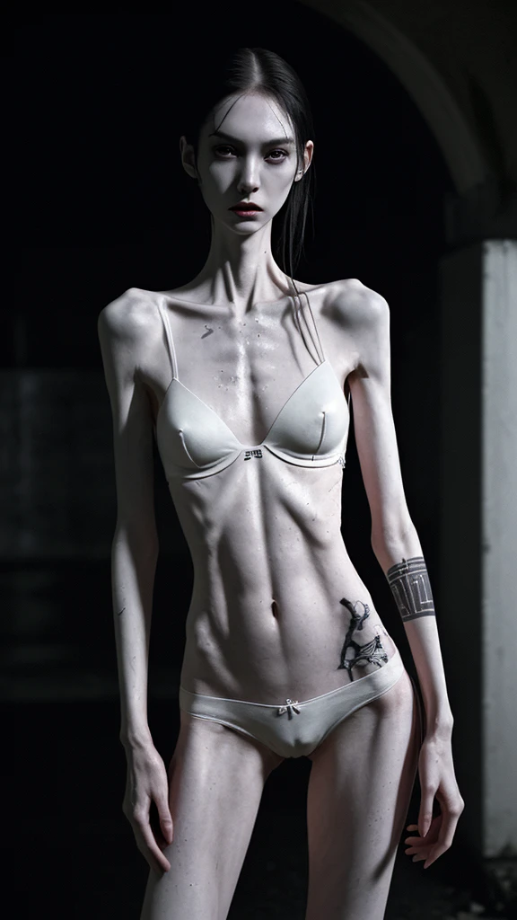 a woman, extremely thin body, visible bones, extremely slender, very pale white skin, sweaty wet body, panties, bra, tattoo, full body, mental breakdown, underground prison, dramatic lighting, cinematic, dark moody, gritty, realistic, masterpiece, 8k, high detail