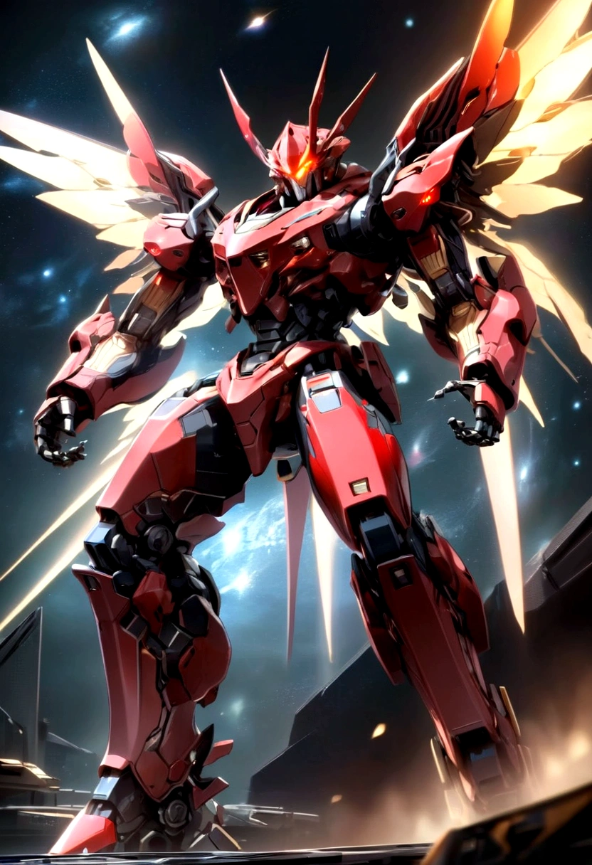 base black, red point, robot close-up, large mecha robot, cool robot,well-proportioned robot, flame, fight in space, Ray wings on the machine base on the back, super robot, sharp hands, Incredible Mecha Robot, strong image, small head