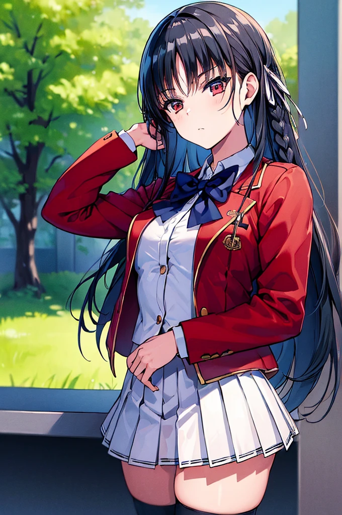 (masterpiece, best quality:1.5), (ultra detailed:1.4), perfect anatomy, 
1girl,
Suzune Horikita, 
Suzune Horikita \(youjitsu\),
long hair, braid, 
black hair, 
red eyes, slant eyes, small eyes, 
blue bow, 
medium breasts, 
, red jacket, long sleeves, white skirt, pleated skirt, black thigh-high socks, 
looking at viewer, 
cowboy shot, 
perfect light, 