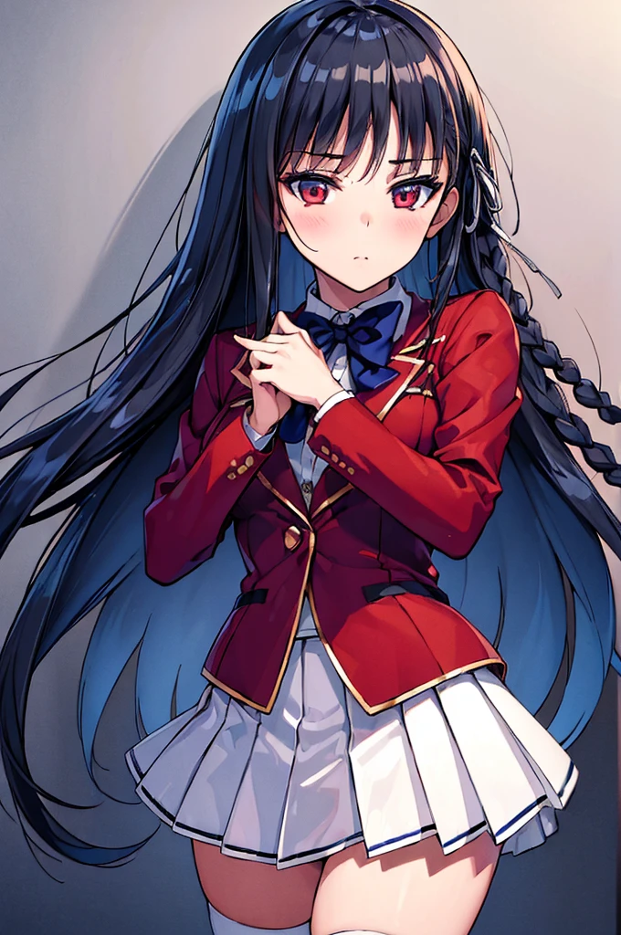 (masterpiece, best quality:1.5), (ultra detailed:1.4), perfect anatomy, 
1girl,
Suzune Horikita, 
Suzune Horikita \(youjitsu\),
long hair, braid, 
black hair, 
red eyes, slant eyes, small eyes, 
blue bow, 
medium breasts, 
, red jacket, long sleeves, white skirt, pleated skirt, black thigh-high socks, 
looking at viewer, 
cowboy shot, 
perfect light, 