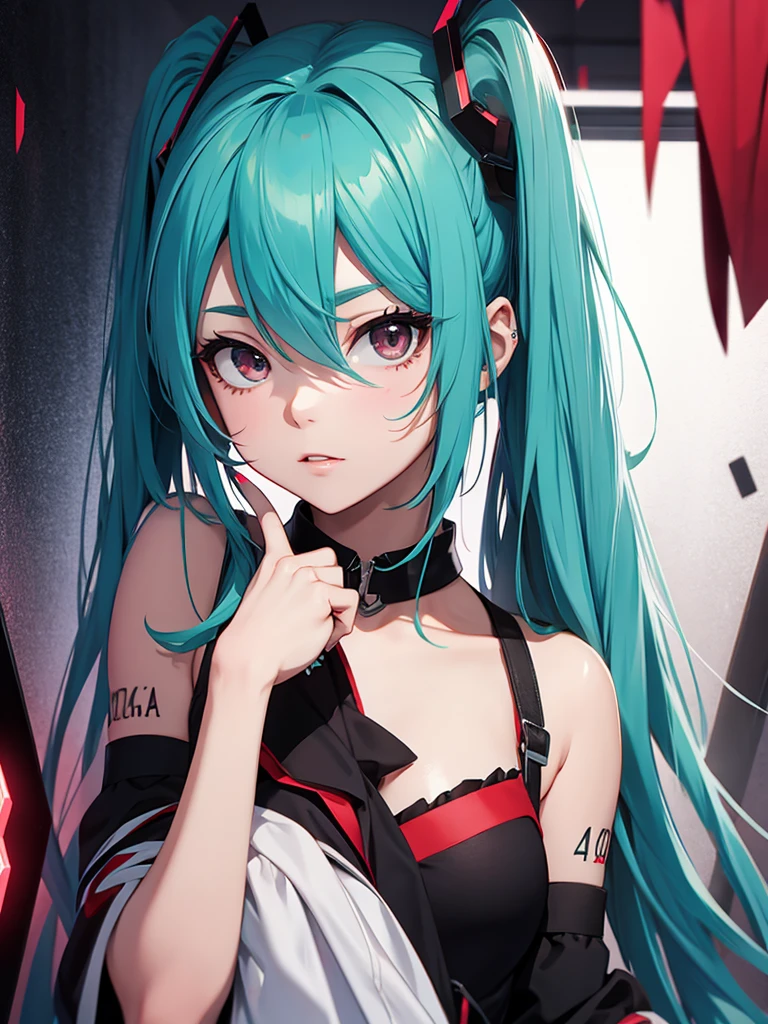 hatsune miku,  red hair, black eyes, yandere, crazy, insane