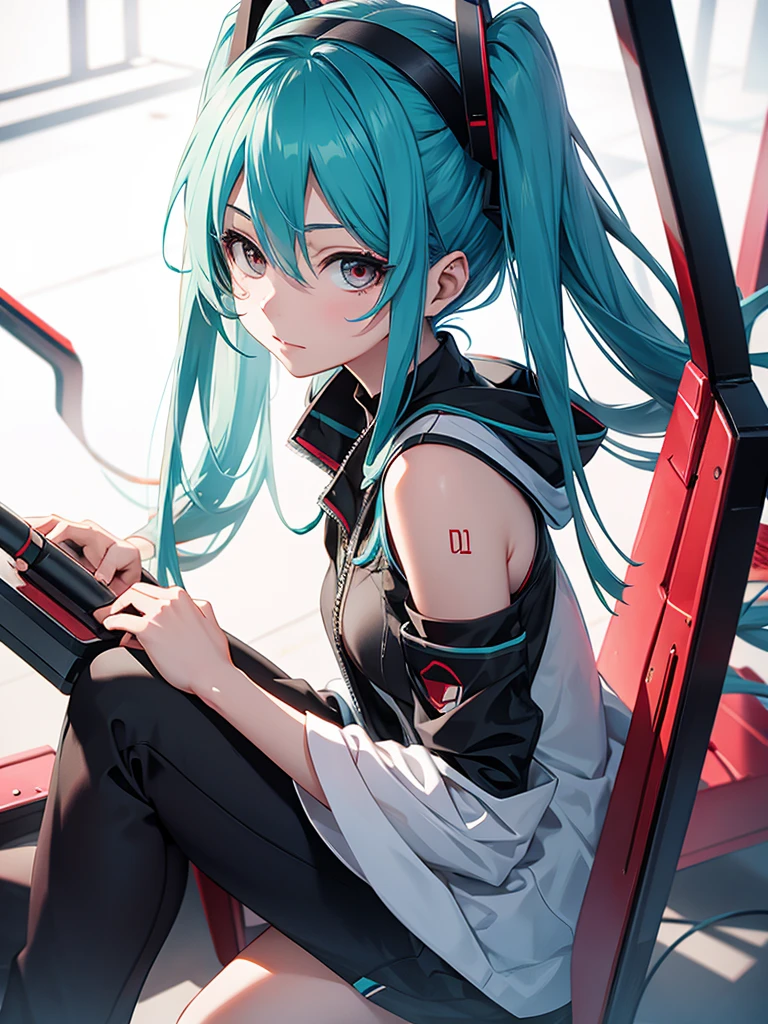 hatsune miku, red hair, black eyes, yandere, crazy, insane