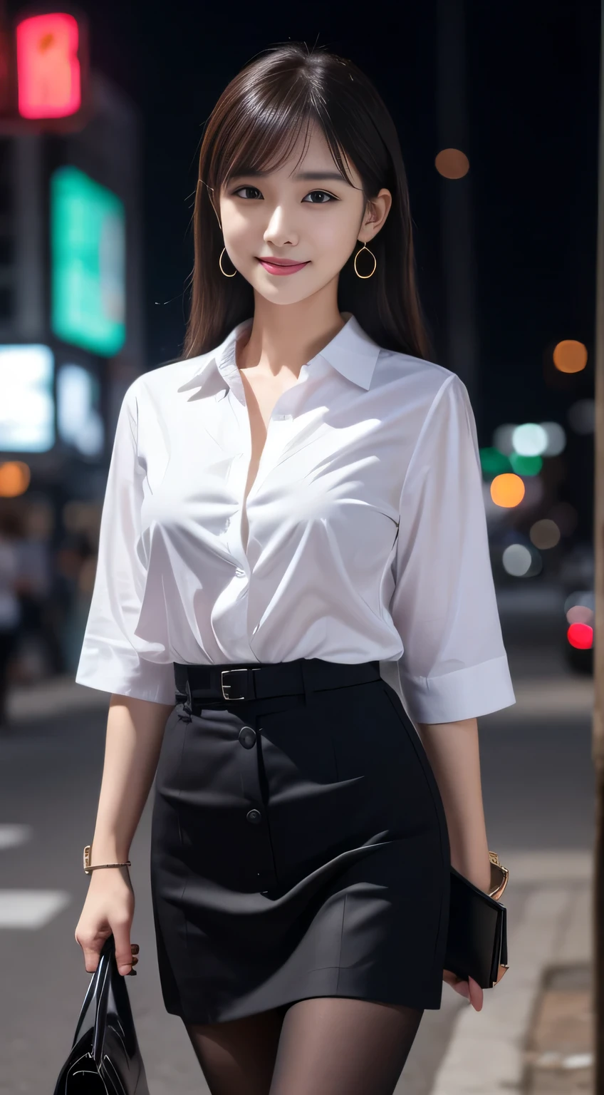 High resolution、high resolution、8K, Tabletop, RAW Photos, Highest quality, Photorealistic, the Extremely Detailed CG Unity 8K Wallpapers, Depth of written boundary, Cinematic Light, Lens flare, Ray Tracing, (Very beautiful face, Beautiful Lips, Beautiful Eyes), Half of my chest is visible、Her beautiful breasts are half exposed、Exquisitely detailed face, ((Highly detailed skin)) One Girl, In the Dark, Deep Shadow, Cute Korean Girl, K-Pop Idols, 1 Girl, (Very slim and slender fit muscular body:1.3), ((View your viewers)),(Big smile:1.3), (Hot pink collar blouse), (No sleeve) , (Fashion City Night, Dark Night, (Neon Signs), (Blurred Background), Fashion Street Night),(No people in the background:1.3), Beautiful 18K Earrings, 18K Bracelet Red, 18K Ruby Necklace, pantyhose, Clear Eyes, walking, (Pale skin), (Big eyes), Look forward, ((Upper Body Shot)), office lady, black office blazer, Office Skirt, (pantyhose: 1.2)、(Short Button Down Shirt:1.2)、Open chest, Very slim,  Medium chest, Backtrack, Medium sized butt, Active, thigh, Waist, bat