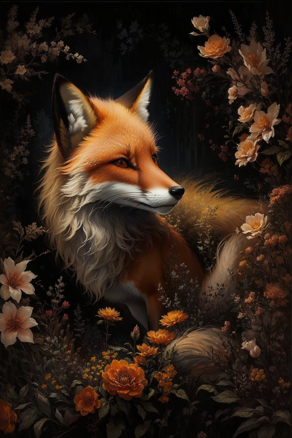 A painting of a fox among flowers on a dark background, ethereal fox, anthropomorphic fox portrait, beautiful art