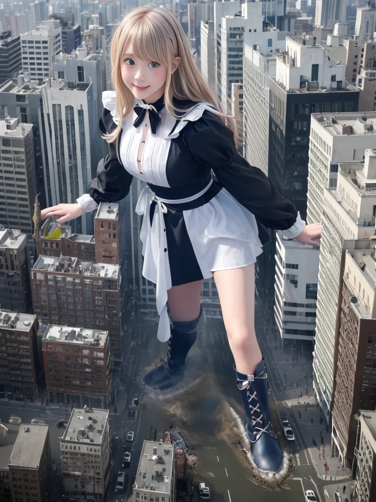 （Giantess Elements、High resolution、High resolution、high quality、Accurate body structure、Detailed body） Towering giant blondes girl，50,000 feet high、Looking up at the approaching woman from below、Giants attack the city、cute、blondes、Destroy a small townWomen、Destroy a small town、Mischievous look、(Maid outfit)Japanese、White skin、Giant blondes female、smile、Trampling buildings、rubble、Burning Small Town、Destroyed small building、Collapsed highway、Cars are crushed、Evacuating residents、sunset、Burning Small Town、go ahead、walk、Trampling、Anatomically correct、Accurate human body、Accurate skeleton、Full body portrait、blue eyes、Rubble scattered at my feet、Higher than skyscrapers、Big impact、amazing、Giantess Elements、Draw a woman in a big way、Increase the destructive element、Make the city smaller、BLACK boots