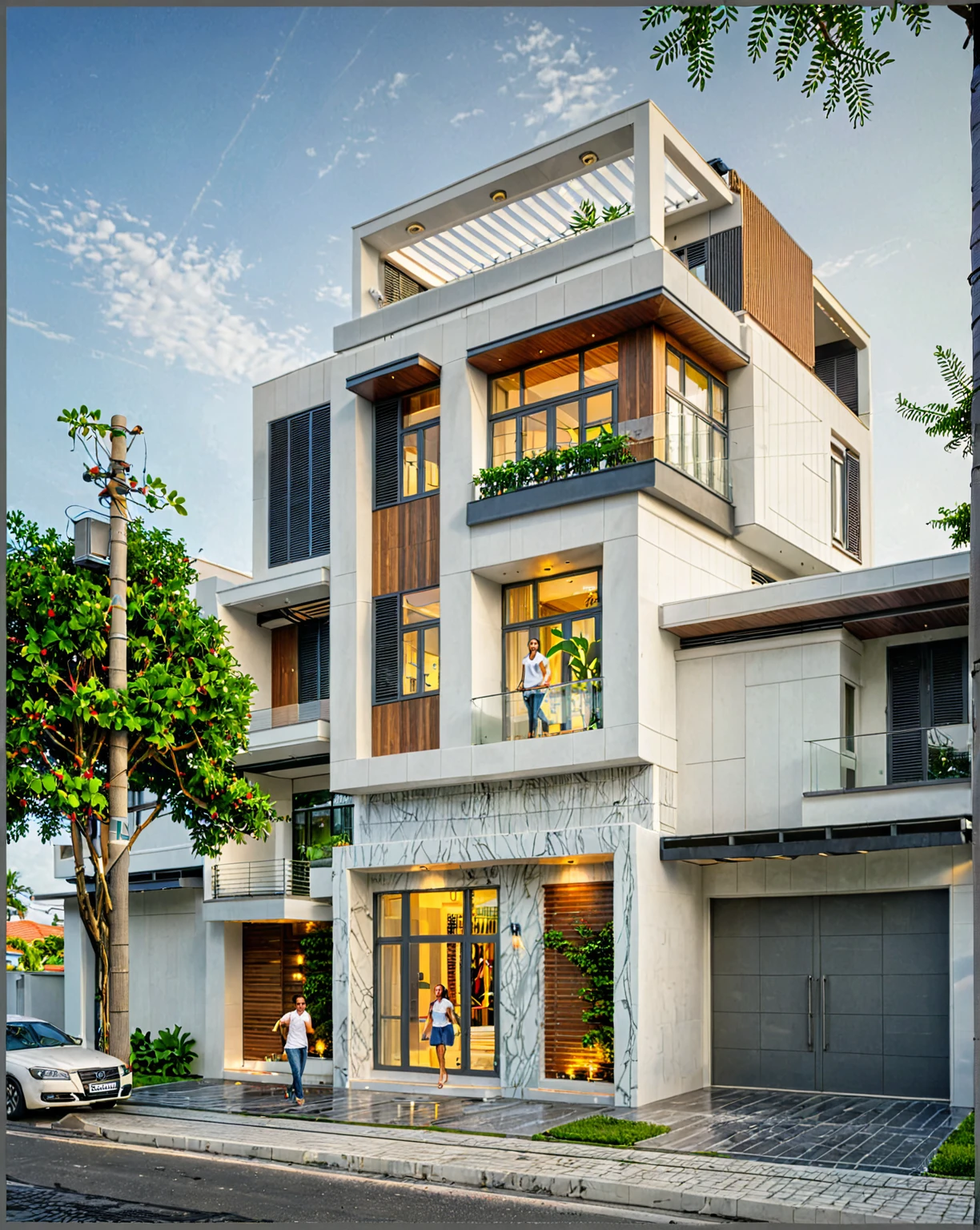 modern villa on street, (daylight), tropical tree, vivid colour, streetcapes, white tone, white wall, large glass door, warm interior lighting, wood and marble, best quality, 17ArchiAI_XL_VL-v1
