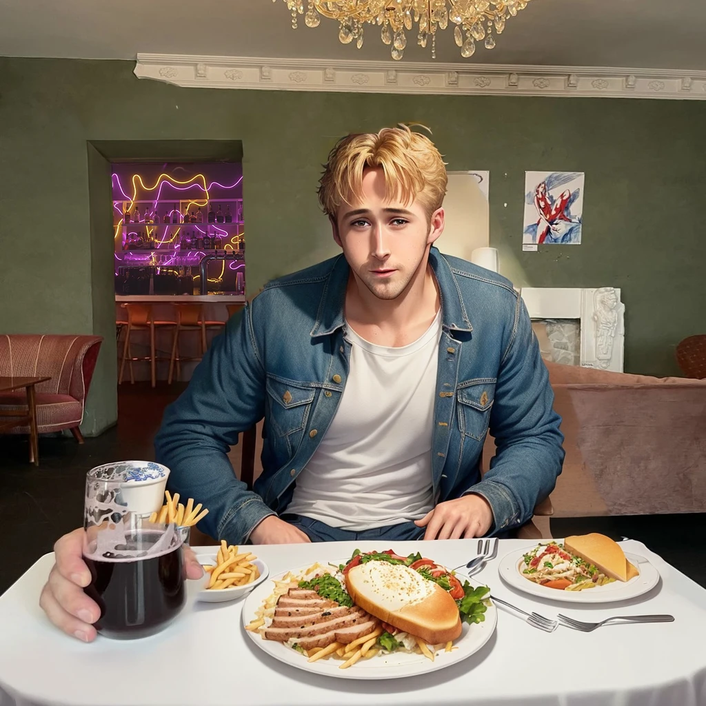 ryan gosling eating behind the table with three dishes on it: quebec dish with french fries and cheese, Pork tenderloin with mashed potatoes and turkey sandwich