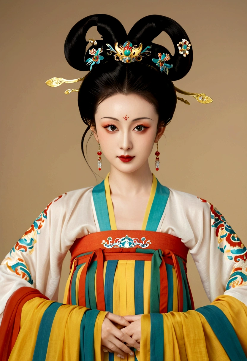 Beautiful girl portrait，Fairy，symmetry，Round Face，Bright Eyes，Smooth skin，Chinese Tang Dynasty Flag Costume,egotistical,High bun，Air bangs，palace，Long flowing sleeves，Clean background