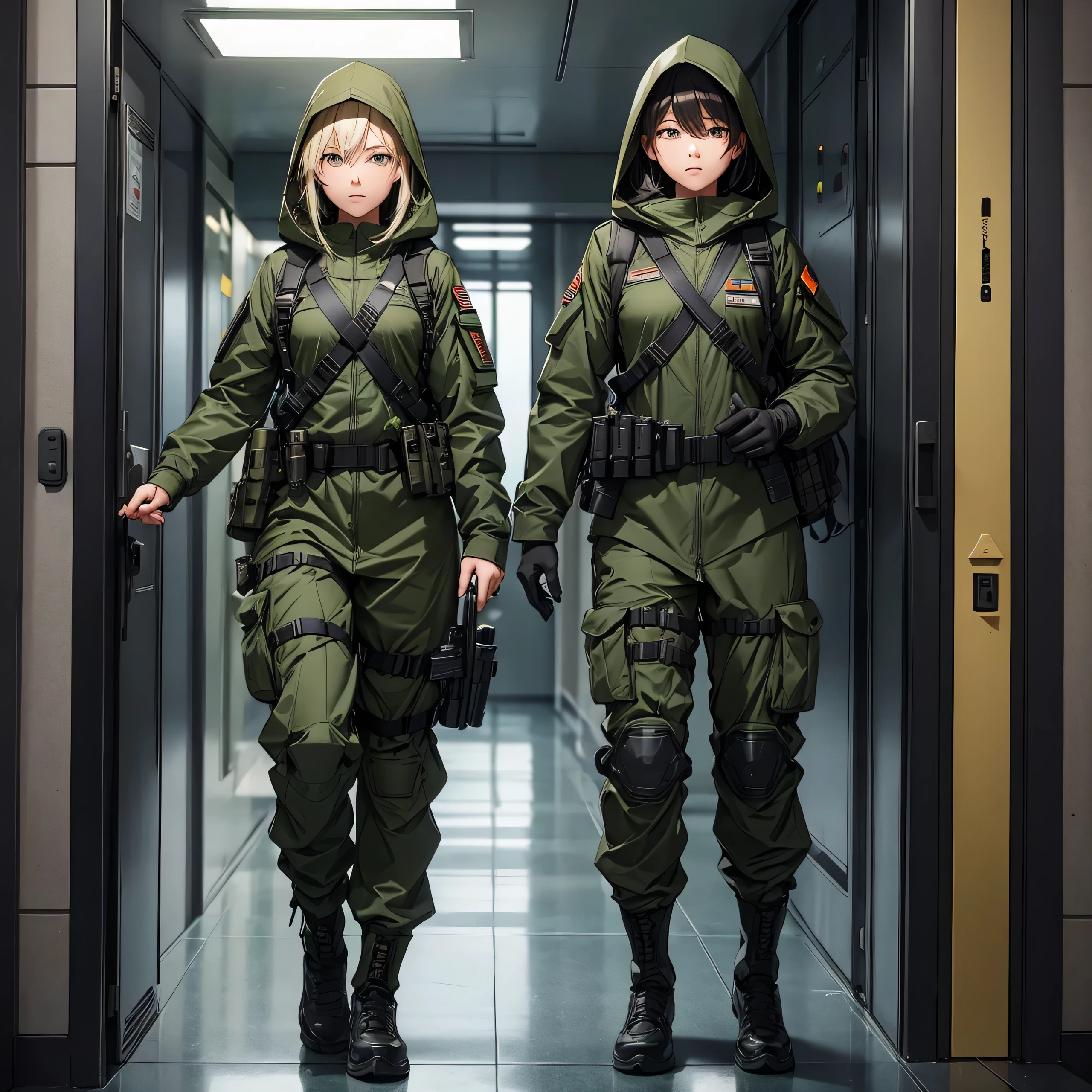 Two female soldiers wearing the same dark green M-51 hooded combat uniform、Hooded on head、Tactical harness、Magazine Pouch、Military Pants、Guard at the elevator door、Show only the upper thigh area、Best quality、Very detailed、8K