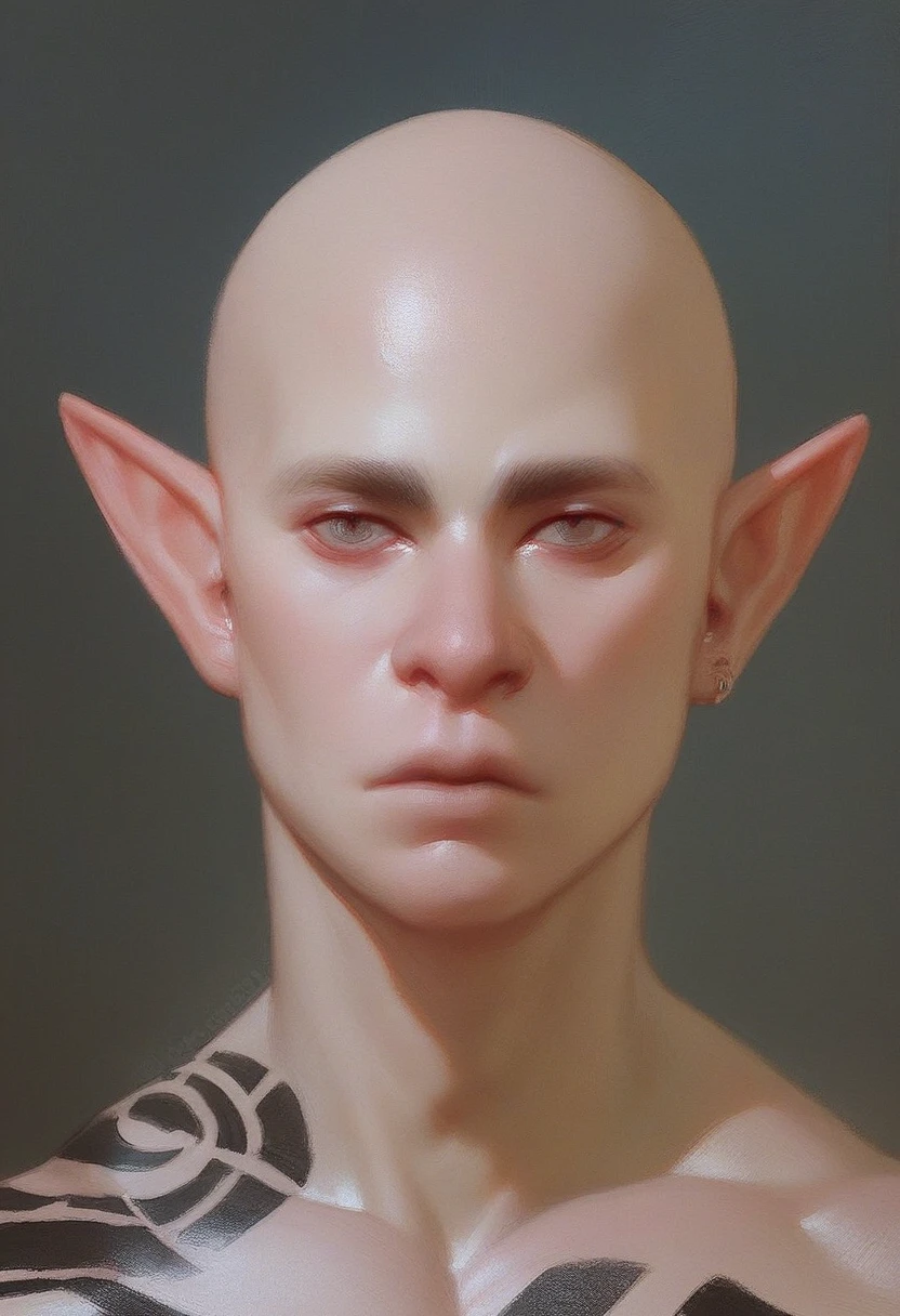 score_9, score_8_up, score_7_up, Portrait of a young male albino elf, with bald head and black tattoos and eye, oil painting, close to face, portrait, teenager