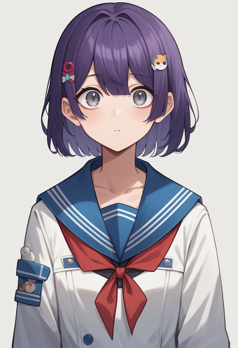 「masterpiece, Highest quality, High resolution, Anime Style, Short Bob, Dark purple hair, Bangs are straight and not bouncy, Gray Eyes, Blue and white outfit, Red ribbon accent at neck, Three large blue circles on the left side of the head」Nei point,Nei point(Nijisanji),Sailor suit,Tabasco accessory on chest,Large eyes,
