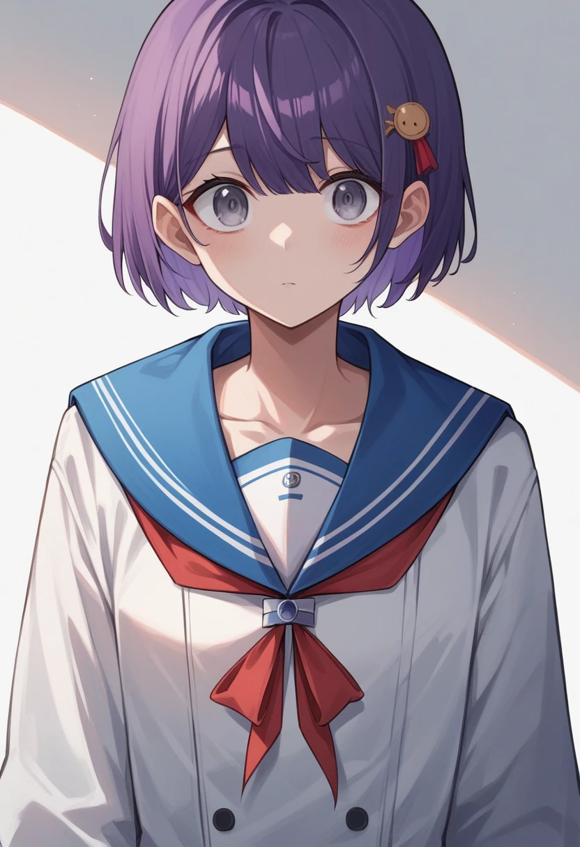 「masterpiece, Highest quality, High resolution, Anime Style, Short Bob, Dark purple hair, Bangs are straight and not bouncy, Gray Eyes, Blue and white outfit, Red ribbon accent at neck, Three large blue circles on the left side of the head」Nei point,Nei point（Nijisanji）,Sailor suit,Tabasco accessory on chest,Large eyes,