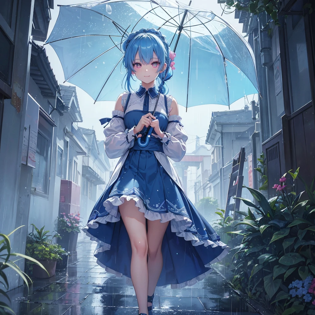 sky Blue hair, (braided ponytail),(pink eyes),fair skin ,(full body),(1 girl),smile,Straight Bangs,rainy,(masterpiece, best quality, ultra-detailed, best shadow), (detailed background), (beautiful detailed face), high contrast, (best illumination, an extremely delicate and beautiful), ((cinematic light)), colorful, hyper detail, dramatic light, intricate details,Walking in the rain with an umbrella,noon,colorful umbrella,bright,