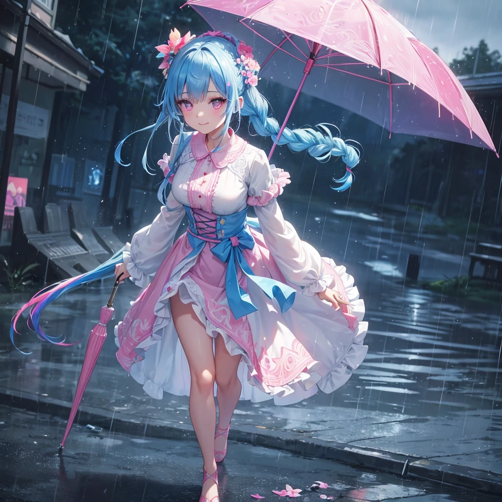 sky Blue hair, (braided ponytail),(pink eyes),fair skin ,(full body),(1 girl),smile,Straight Bangs,rainy,(masterpiece, best quality, ultra-detailed, best shadow), (detailed background), (beautiful detailed face), high contrast, (best illumination, an extremely delicate and beautiful), ((cinematic light)), colorful, hyper detail, dramatic light, intricate details,Walking in the rain with an umbrella,noon,colorful umbrella,bright,