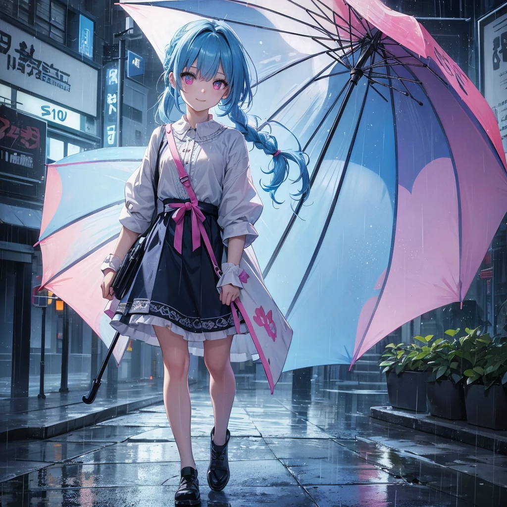 sky Blue hair, (braided ponytail),(pink eyes),fair skin ,(full body),(1 girl),smile,Straight Bangs,rainy,(masterpiece, best quality, ultra-detailed, best shadow), (detailed background), (beautiful detailed face), high contrast, (best illumination, an extremely delicate and beautiful), ((cinematic light)), colorful, hyper detail, dramatic light, intricate details,Walking in the rain with an umbrella,noon,colorful umbrella,bright,