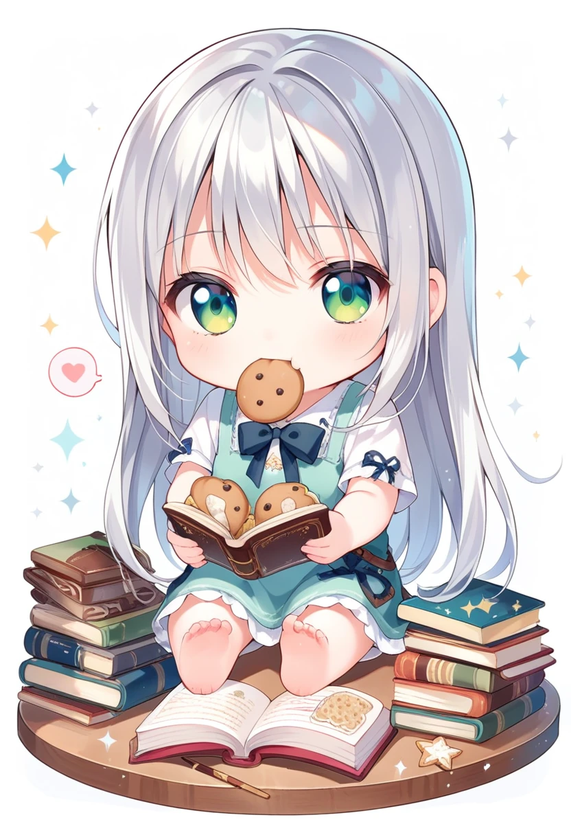 score_9, score_8_up, score_7_up, source_anime, (chibi), eating cookie, spoken heart, sitting, silver hair, emerald eyes, books, wand, simple background