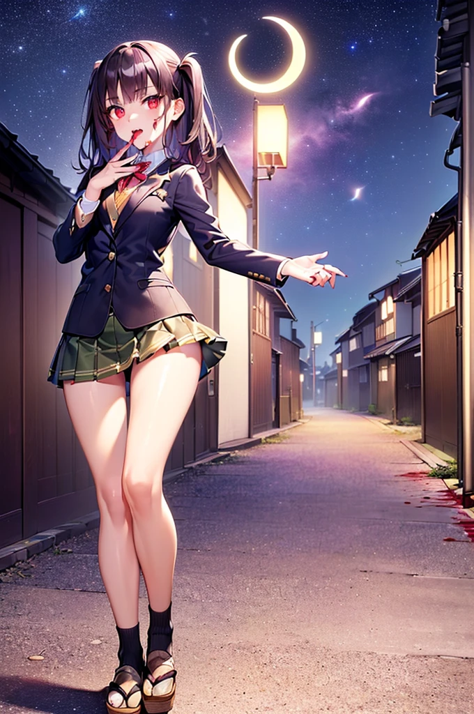 ((((masterpiece, ((best quality)), ultra high res, 8k, perfect anatomy, extremely detailed)))), (((game CG)), (very wide shot: 1.3), ((3D))), (((full body: 1.4))), ((Horror atmosphere:1.3)), (((dark fantasy:1.2))), BREAK
((perfect body: 1.4), ((perfect face: 1.6))), ((perfect hand:1.4)), ((perfect fingers:1.4)), ((perfect leg:1.5)), ((perfect limbs:1.6)))), (((two arms:1.4), (two legs:1.2))),
BREAK
absurdres, ((1 tiny girl: 1.3, ((detailed beautiful face: 1.45)), ((mature female)))), ((kawaii:1.3)), (((Vampire:1.4)), ((fangs:1.3))), ((standing:1.3)), (((Licking the blood from his hands with relish:1.5)), ((hand to own mouth:1.5))), ((detailed shiny dark brown hair, Two Side Up, bangs)), ((red eyes, beautiful detailed droopy eyes, glow eyes)), ((Beautiful sharp Nose:1.3)), ((beautiful lips:1.2)), ((drunk:1.4, light smile:1.4, open mouth:1.4)), ((beautiful body, slender)), (((beautiful medium breasts, narrow waist, big ass)), ((shiny skin:1.3, oily skin:1.4))), BREAK
(((wearing a blazer and school uniform:1.3 and mini skirt:1.3))),
BREAK
(detailed background, (((outdoors, Detailed Japanese back alleys:1.3)))), ((((night sky :1.3, crescent moon:1.3, night view:1.3)))), (((A man is dead body in the alley:1.3))),