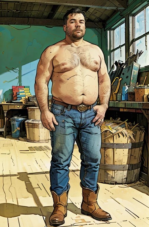 Chubby cowboy with big fat belly, standing shirtless in a barn full of hay, wearing blue jeans and cowboy boots. (( In the style of Adrian Ghenie, Esao Adrews, Jenny Saville, Edward Hopper, surrealism, Dark Art par James Jean, Takato Yamato, Minimalism inkpunk))